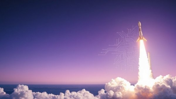 Rocket launch with digital circuit background symbolizing SpaceX and xAI merger.