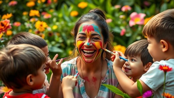 Type B mom laughing with kids painting her face in a garden.