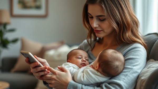 Mother learning about birth trauma support online.