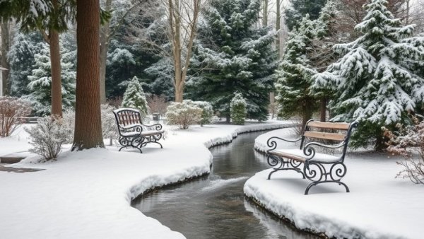 Winter garden scene with snow and tips for gardening in winter.