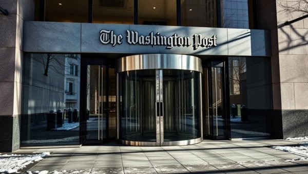 Washington Post building entrance and logo in winter setting.
