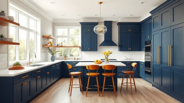Spacious family-friendly kitchen design with navy cabinets and island.
