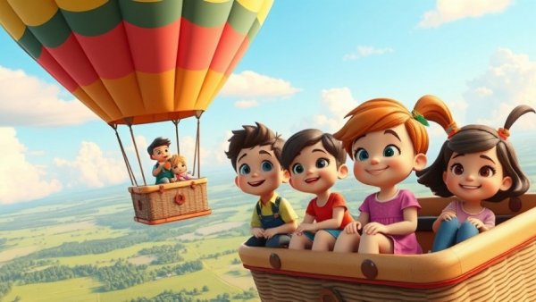 Cheerful cartoon kids in a hot air balloon from CoComelon YouTube Videos.