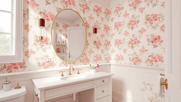 Dramatic powder room designs with floral wallpaper and elegant fixtures.
