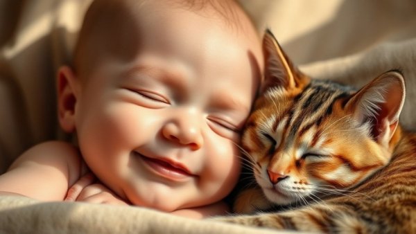 Tender moment of bonding between a baby and a cat.
