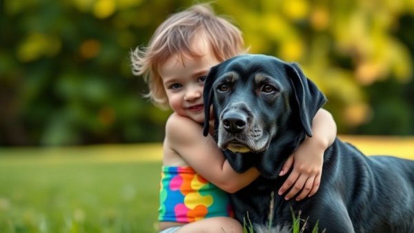 Child hugging dog in park benefits of pets for kids.
