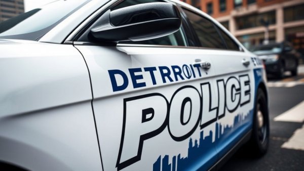 Detroit Police car close-up on urban street, skyline graphic.
