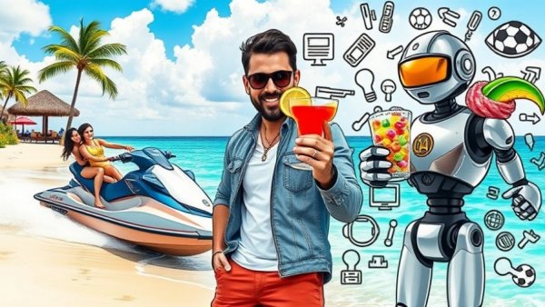 Colorful collage with tropical scene, robot, and man with candy, humorous Super Bowl Commercials Failures theme.