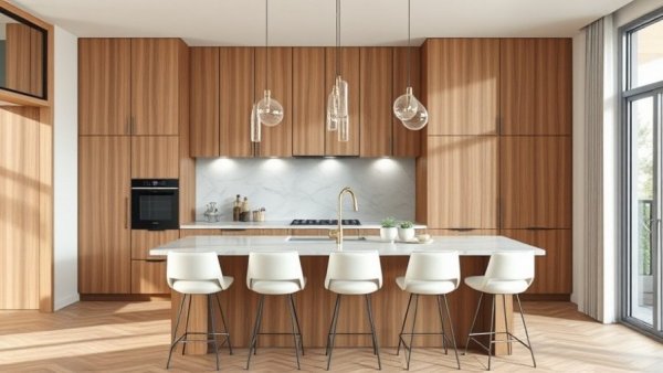 Modern kitchen storage ideas with wooden cabinets and marble island