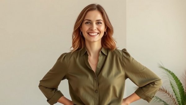 Confident woman in olive attire smiling, Democratize Nutrition for Families