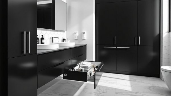 Bathroom with dark cabinets and innovative storage drawer.
