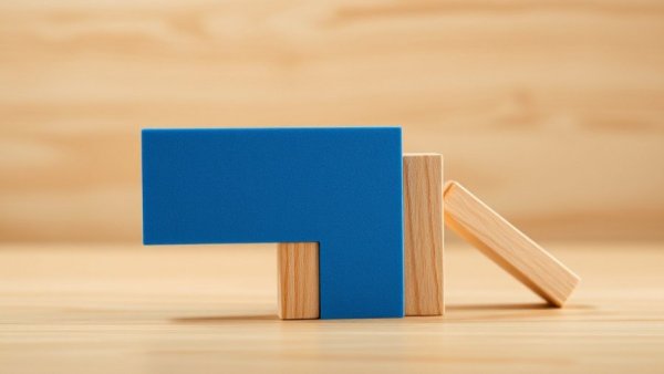 Contrasting blue block preventing domino effect; skill in a lean company.
