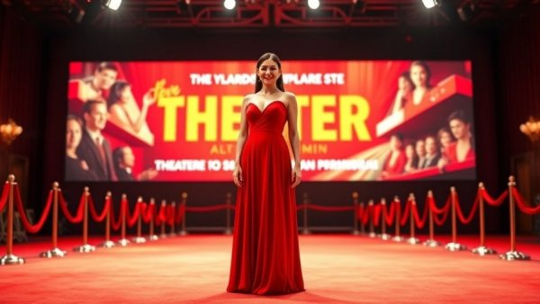 Broadway star poses in elegant red dress at theater event. 