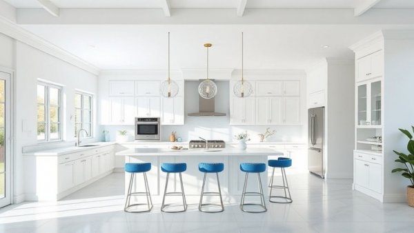 Stylish kitchens in white wood and blue with central island and stools.