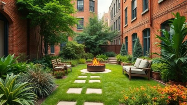 Urban backyard garden transformation with lush greenery.