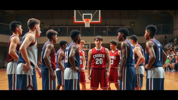 Jonesville Comets basketball team strategizing during game in gymnasium.