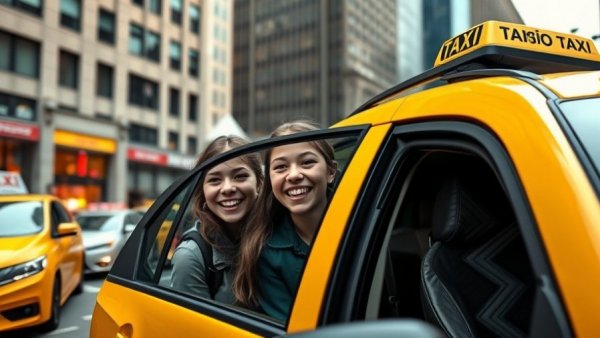 Teen girls safely using ride-sharing taxi in city.
