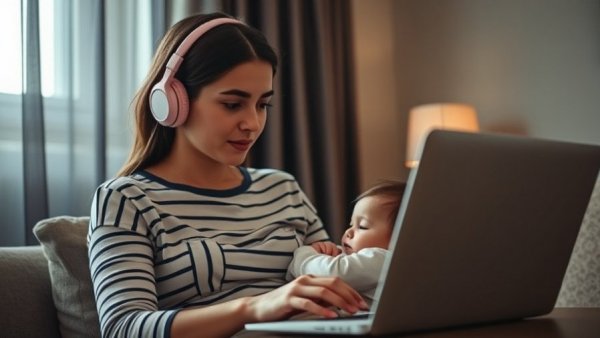 Focused mother multitasks, breastfeeding while working on laptop.