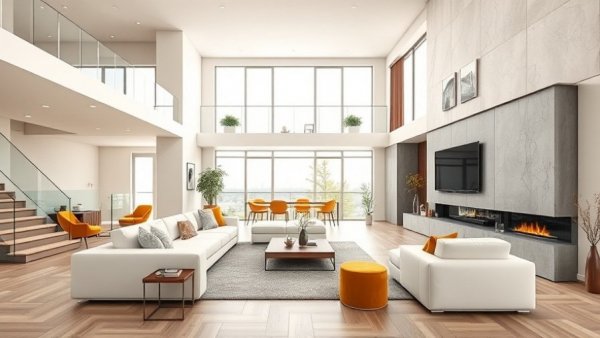 Organic modern design living room with sectional sofa and fireplace.