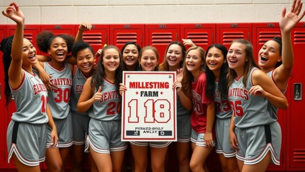 High school basketball team celebrates milestone with banner in locker room.