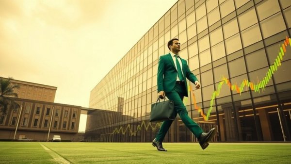 Abstract green businessman walking with briefcase by building, colorful graph lines.