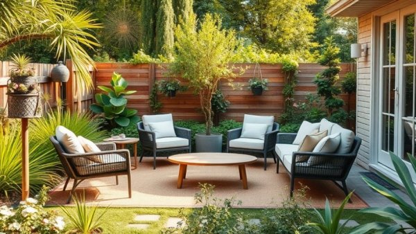 Modern patio with cozy furniture in a lush garden setting.
