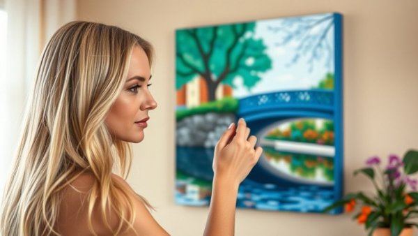 Woman hanging LEGO Monet art on a tan wall, serene scene.