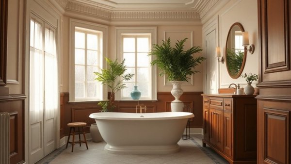 Vintage-style bathroom featuring a freestanding tub and lush greenery, showcasing kitchen and bath product trends 2026.
