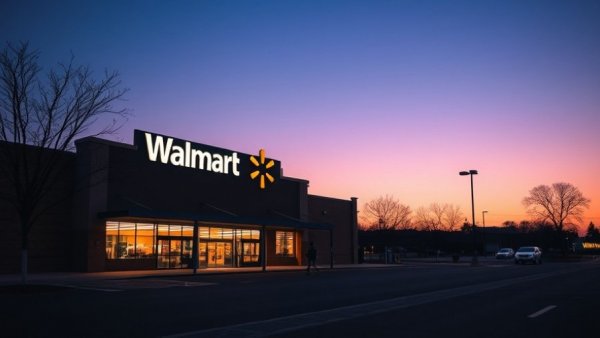 Twilight Walmart storefront with glowing logo, serene atmosphere
