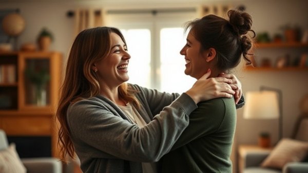 Mother and daughter embracing with joy, showcasing kindness and love.