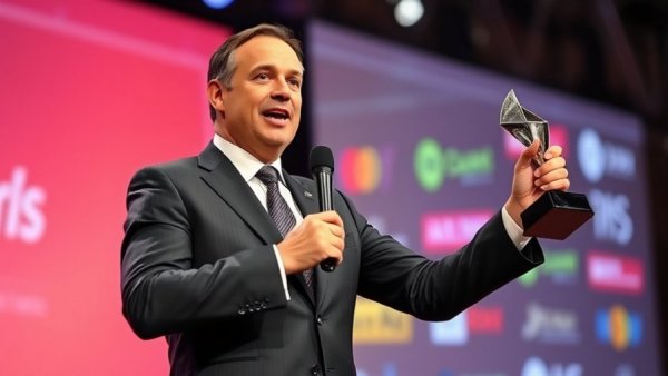 Speaker at event with award, vibrant backdrop lighting.