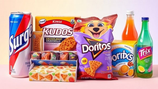 Collection of 90s and 00s snacks including Surge, Kudos, and more.