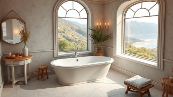 Elegant spa bathroom makeover with classic decor and scenic view.