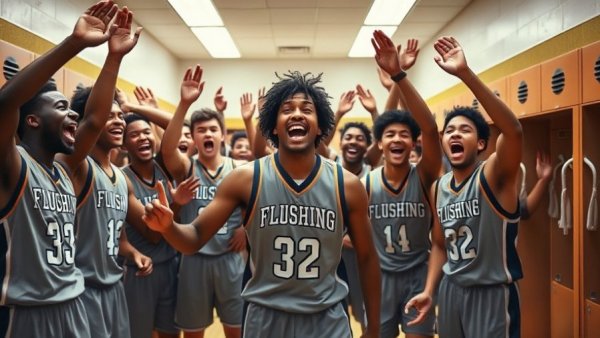 Flushing High School basketball team celebrating in locker room.