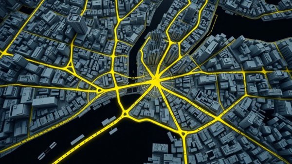 3D map highlighting NYC pedestrian data with neon yellow pathways.