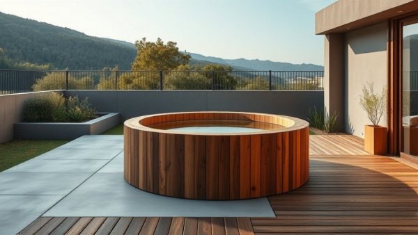 Modern outdoor hot tub design with wooden deck and sleek fencing