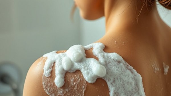 Foamy lather on shoulder using Olay Super Serum Body Wash