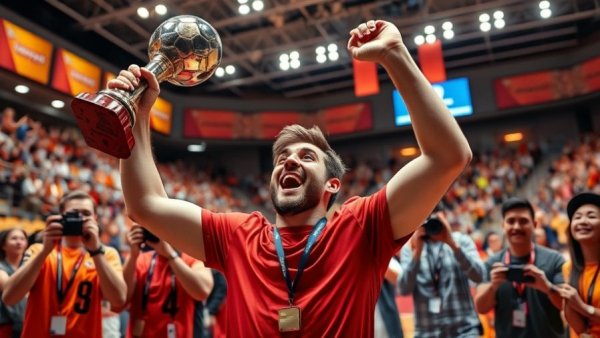Lowell Wrestling State Title celebration with trophy in arena.