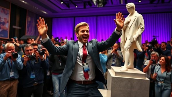 Dress Like a Leader at energetic event with statue backdrop.
