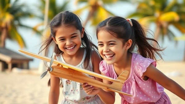 Happy children playing with an airplane on a sunny beach.