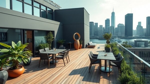 Stylish rooftop garden design with wooden deck and dining area.