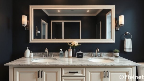 Contemporary double-sink vanity with decor, soft lighting.