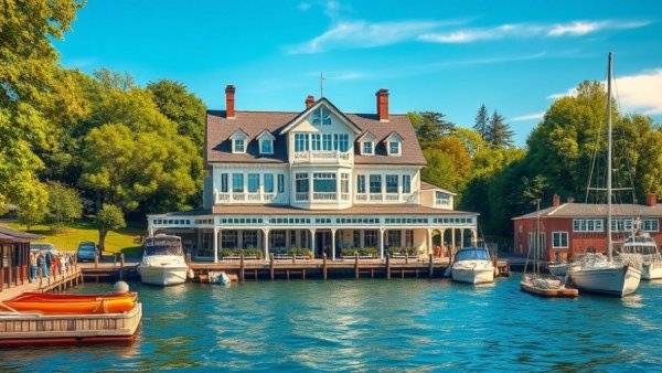 Victorian hotel on Mackinac Island waterfront, serene harbor view.