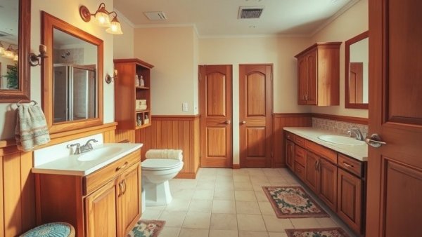 Warm bathroom makeover with wooden cabinets and floral rugs.
