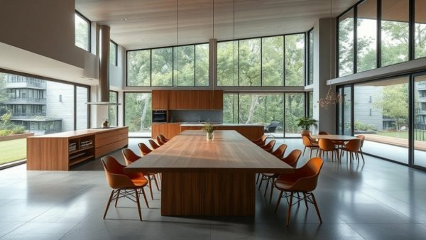 Modern open kitchen with aging-in-place features and mid-century style.