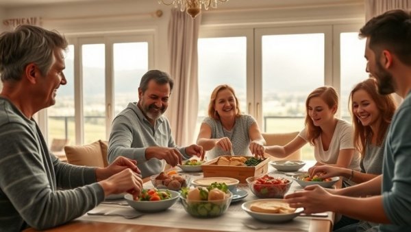 Family enjoying a cozy meal around the dinner table, with a scenic window view.