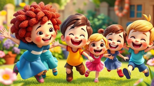 Animated children playing joyfully in a garden, Shows for Toddlers Who Love CoComelon.