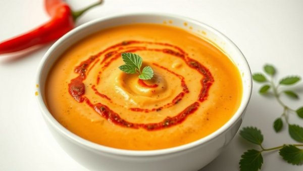 Creamy Ceci bean soup with red pepper pesto swirl on a white surface.