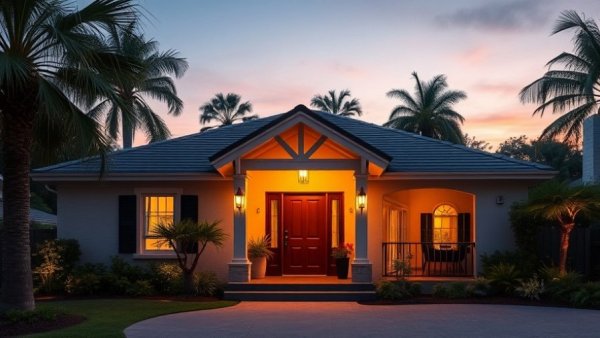 Beautifully lit front entrance at dusk with palm trees and sunset.