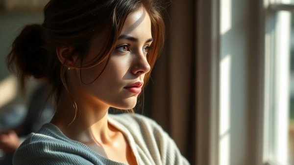 Pensive woman contemplating in sunlit room, relating to cramping and bleeding after an early miscarriage.